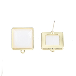 Creamy White Alloy Stud Earring Findings with Resin, with Horizontal Loops and 304 Stainless Steel Pins, Square, Light Gold, Cadmium Free & Nickel Free & Lead Free, Creamy White, 19x16.5mm, Hole: 1.4mm, Pin: 0.7mm