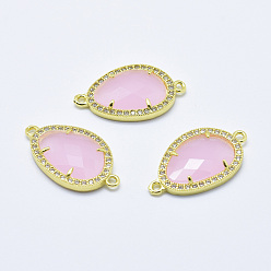 Pearl Pink Brass Micro Pave Cubic Zirconia Links, with Glass, Faceted, Teardrop, Golden, Pearl Pink, 28x16x4.5mm, Hole: 1.6mm