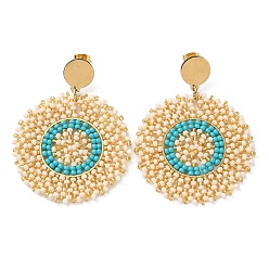 Lin Boucles d'oreilles pendantes rondes et plates en perles de verre tissées, avec placage sous vide 304 broches en acier inoxydable, linge, 60x46mm