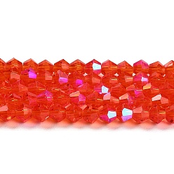 Red Transparent Electroplate Glass Beads Strands, AB Color Plated, Faceted, Bicone, Red, 4x4mm, Hole: 0.8mm, about 87~98pcs/strand, 12.76~14.61 inch(32.4~37.1cm)