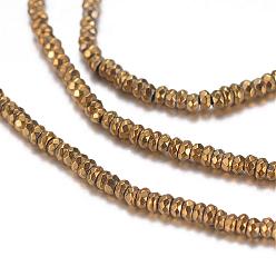 Golden Plated Non-Magnetic Hematite Beads Strands, Faceted, Rondelle, Golden Plated, 2x1mm, Hole: 1mm, about 395pcs/strand, 15.5 inch