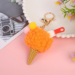 Dark Orange Wool Ice Cream Pendant Keychain, with Iron Findings, Dark Orange, 14cm