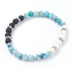 Hemimorphite Natural Hemimorphite Stretch Bracelets, with Dyed Natural Lava Rock(Dyed) Beads and Rhinestone Spacer Beads, 2-1/8 inch(5.5cm)