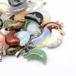 Mixed Stone Moon Natural & Synthetic Mixed Stone Pendants, with Platinum Tone Brass Findings, 21~24x12~14x5~6mm, Hole: 2x7mm