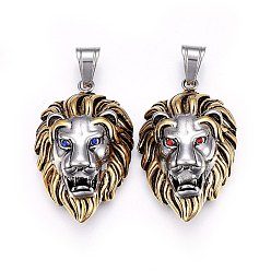 Mixed Color 304 Stainless Steel Pendants, with Rhinestone, Lion Head, Antique Silver & Antique Golden, Mixed Color, 43x28x18mm, Hole: 10x7mm