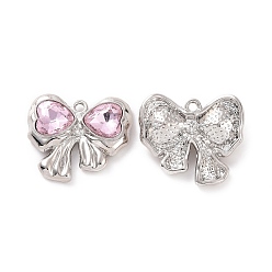 Perlas de Color Rosa Colgantes de vidrio de aleación de chapado en rack, dijes de corazón y lazo en tono platino, sin cadmio y sin plomo y sin níquel, rosa perla, 20x22.5x5 mm, agujero: 1.5 mm