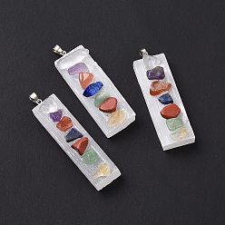 Mixed Stone Natural Selenite Rectangle Big Pendants, 7 Chakra Gems Chips Charms with Rack Plating Platinum Tone Brass Snap on Bails, 52~56x14~17x11~14mm, Hole: 6x2mm