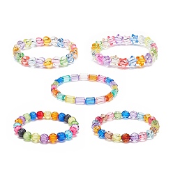 Mixed Color 5Pcs 5 Style Pumpkin & Round & Polygon & Heart & Star Acrylic Beaded Stretch Bracelets Set, Stackable Bracelets for Kid, Mixed Color, Inner Diameter: 1-7/8 inch(4.9cm), 1Pc/style