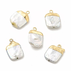 Light Gold Baroque Natural Keshi Pearl Pendants, Square Charms, with Brass Loops, Light Gold, 19~21x13~15x3~7mm, Hole: 1.6mm