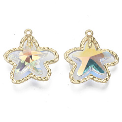 Crystal AB Glass Rhinestone Pendants, with Light Gold Plated Brass Open Back Settings, Starfish, Crystal AB, 25x24x7mm, Hole: 1.6mm