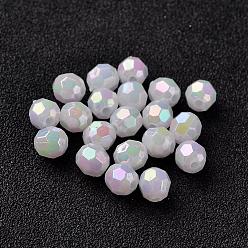 White AB Color Plated Eco-Friendly Poly Styrene Acrylic Round Beads, Faceted, White, 8mm, Hole: 1mm, about 2000pcs/500g