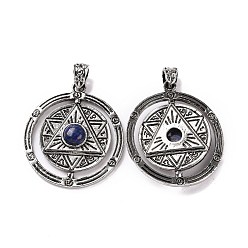 Lapis Lazuli Natural Lapis Lazuli Pendants, Flat Round with Hexagram Charms, with Antique Silver Plated Alloy Findings, 42.5x37x8mm, Hole: 5.5x4mm