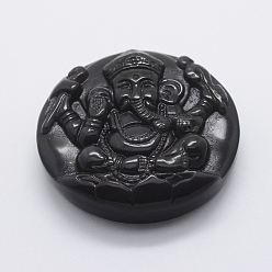 Obsidian Carved Natural Obsidian Pendants, Flat Round with Hindu Elephant God Lord Ganesh Statue, 47x14mm, Hole: 1.5mm