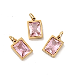 Pearl Pink Vacuum Plating 304 Stainless Steel Pendants, with Cubic Zirconia and Jump Rings, Single Stone Charms, Rectangle, Golden, Pearl Pink, 11.5x8x3.5mm, Hole: 3.6mm