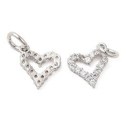 Platinum Rack Plating Brass Micro Pave Clear Cubic Zirconia Heart Charms, with Jump Ring, Long-Lasting Plated, Lead Free & Cadmium Free, Platinum, 11.5x10x2mm, Hole: 4mm