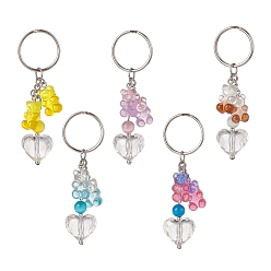 Mixed Color Gradient Bear & Heart Acrylic Pendant Keychain, with Iron Rings, for Key Bag Car Pendant Decoration, Mixed Color, 8.1cm, 5pcs/set