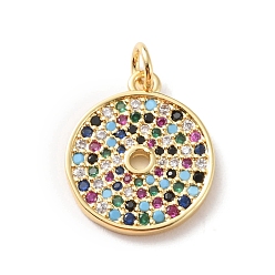 Real 18K Gold Plated Rack Plating Brass Micro Pave Colorful Cubic Zirconia Pendants, Long-Lasting Plated, Cadmium Free & Lead Free, Round Ring, Real 18K Gold Plated, 17.5x15x2mm, Hole: 3mm