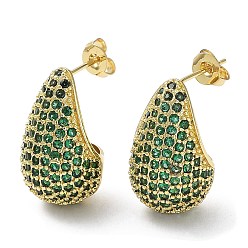Dark Green Cubic Zirconia Teardrop Stud Earrings, Real 16K Gold Plated Brass Earrings for Woman, Dark Green, 20x12mm