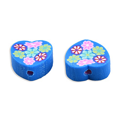 Royal Blue Handmade Polymer Clay Beads, Heart with Flower, Royal Blue, 9x10x4.5mm, Hole: 1.2mm