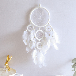 White Woven Web/Net with Feather Pendant Decorations, with Polyester Cord and Iron Finding, White, 460x160x5mm