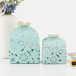 Pale Turquoise Hollow Floral Paper Gift Box, Flower Butterfly Candy Packaging Box, Rectangle, Pale Turquoise, 6.5x7x8cm