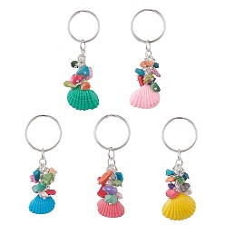 Mixed Color Spray Painted Sea Shell Keychains, with Iron Split Key Rings and Synthetic Turquoise Beads, Mixed Color, 6.3~7cm
