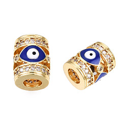 Dark Blue Brass Micro Pave Cubic Zirconia Beads, with Enamel, Real 18K Gold Plated, Column with Evil Eye, Nickel Free, Dark Blue, 11.5x9.5mm, Hole: 4.5mm