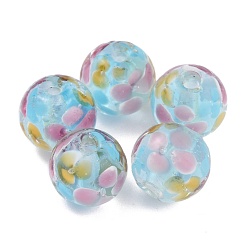 Aqua Perles rondes au chalumeau, motif de pétale de fleur de prunier, avec le trou, Aqua, 12mm, Trou: 1.8mm