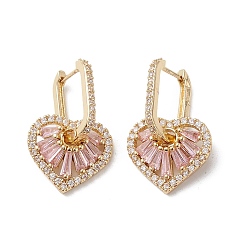 Pink Heart Cubic Zirconia Hoop Earrings, Real 16K Gold Plated Brass Dangle Earrings for Women, Pink, 26mm, Pin: 0.7mm
