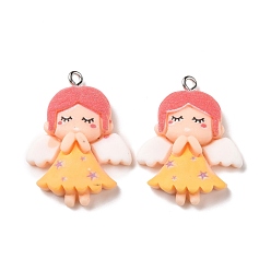 Orange Opaque Resin Pendants, with Platinum Tone Iron Loops, Fairy with Wing, Orange, 30.5x23.5x6.5mm, Hole: 2mm