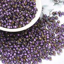 Púrpura Media Abalorios de la semilla de cristal, medio chapado, dentro de los colores, agujero redondo, rondo, púrpura medio, 4x3 mm, agujero: 1.4 mm, 5000 unidades / libra