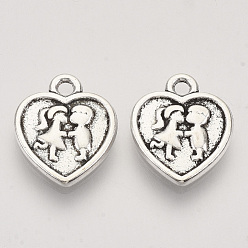 Antique Silver Tibetan Style Alloy Pendants,  Cadmium Free & Lead Free, Heart with Boy & Girl, for Valentine's Day, Antique Silver, 15.5x13x2mm, Hole: 1.6mm, about 385pcs/500g