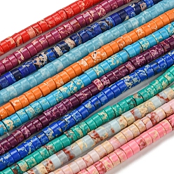 Color mezclado Hebras de cuentas teñidas de jaspe imperial sintético., disco, perlas heishi, color mezclado, 4~4.5x2~3 mm, agujero: 0.7 mm, sobre 140~141 unidades / cadena, 14.88''~15.12" (37.8~38.4 cm)