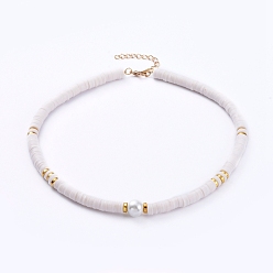 White Beaded Necklaces, with Polymer Clay Heishi Beads, Glass Pearl Beads, Brass Crimp Beads and Zinc Alloy Lobster Claw Clasps, White, 15.66 inch(39.8cm)