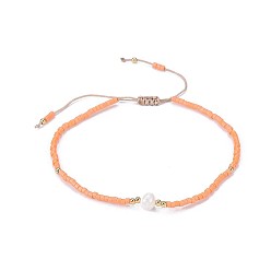 Saumon Clair Nylon réglable bracelets cordon tressé de perles, avec perles de rocaille et perle japonaises, saumon clair, 2 pouces ~ 2-3/4 pouces (5~7.1 cm)