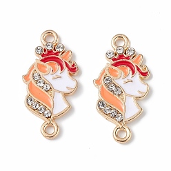 Sandy Brown Alloy Enamel Connector Charms, Unicorn Links with Crystal Rhinestone, Light Gold, Cadmium Free & Nickel Free & Lead Free, Sandy Brown, 23x11.5x2mm, Hole: 1.6mm