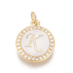 Letter K Brass Micro Pave Cubic Zirconia Pendants, with Shell, Long-Lasting Plated, Lead Free & Cadmium Free & Nickel Free, Real 18K Gold Plated, Flat Round with Letter, Clear, Letter.K, 16x13.5x3mm, Hole: 3mm
