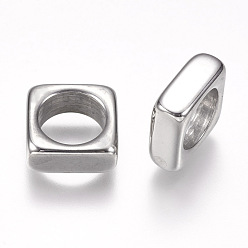 Stainless Steel Color 304 Stainless Steel Beads, Large Hole Beads, Square, Stainless Steel Color, 12x12x5mm, Hole: 8.5mm