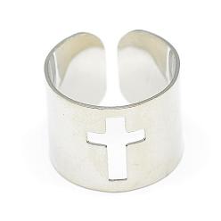 Stainless Steel Color Adjustable Stainless Steel Cuff Finger Rings, Wide Band Rings, Cross, Size 7, Stainless Steel Color, 17mm
