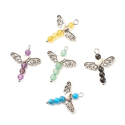 Mixed Stone Natural & Synthetic Gemstone Pendants, with Antique Silver Toone Alloy Wings, Angel, 27.5x23.5x4mm, Hole: 2mm