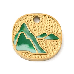 Real 18K Gold Plated Ion Plating(IP) 304 Stainless Steel Enamel Pendants, Textured and Laser Cut, Square with Mountain Charm, Real 18K Gold Plated, 14x15x1.5mm, Hole: 1.8mm