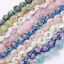 Mixed Color Handmade Bumpy Lampwork Beads Strands, Flat Round with Flower, Mixed Color, 17~20.5x10~14mm, Hole: 1.4mm