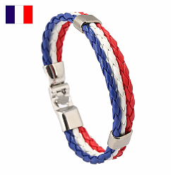 Blue Flag Color Imitation Leather Triple Line Cord Bracelet with Alloy Clasp, Martinique Theme Jewelry for Women, Blue, 8-5/8 inch(22cm)