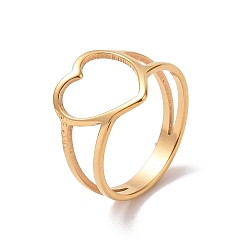 Golden Ion Plating(IP) 201 Stainless Steel Heart Finger Ring, Hollow Wide Ring for Valentine's Day, Golden, US Size 6 1/2(16.9mm)