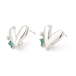 Platinum Green Cubic Zirconia Heart Stud Earrings, Brass Jewelry for Women, Cadmium Free & Lead Free, Platinum, 15.5x15.5mm, Pin: 0.9mm