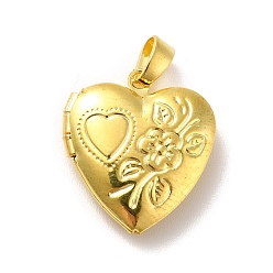 Golden Rack Plating Brass Locket Pendants, Heart with Flower, Golden, 17x15x4.5mm, Hole: 4x2mm, Inner Diameter: 9x7.5mm