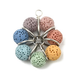 Platinum Natural Lava Rock Dyed Beaded Pendants, Flower Charms with 304 Stainless Steel Findings, Colorful, Platinum, 31.5x27x10mm, Hole: 3mm