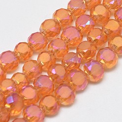 Dark Orange Electroplate Glass Beads Strands, Rainbow Plated, Frosted, Faceted, Flat Round, Dark Orange, 4x3mm, Hole: 0.5mm,, about 150pcs/strand, 22.05 inch