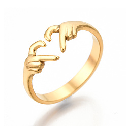 Real 18K Gold Plated Ion Plating(IP) 304 Stainless Steel Hand Heart Cuff Rings, Open Rings for Women Girls, Real 18K Gold Plated, US Size 6(16.7mm)