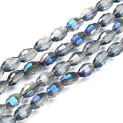 Blue Electroplate Glass Beads Strands, Half Plated, Faceted, Oval, Blue, 6x4mm, Hole: 1mm, about 72pcs/strand, 16 inch